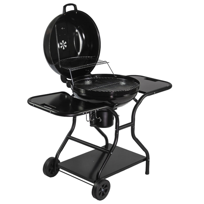 Asador de carbón de 22" con termómetro, bandeja de cenizas y mesas laterales de acero inoxidable