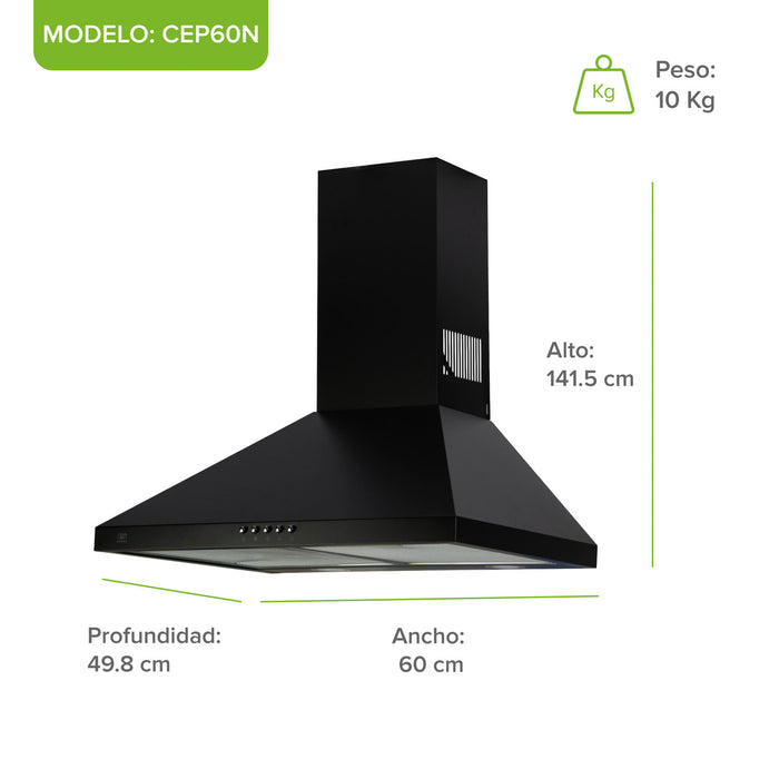 Campana de cocina de pared piramidal 60 cm en acero inoxidable - negro