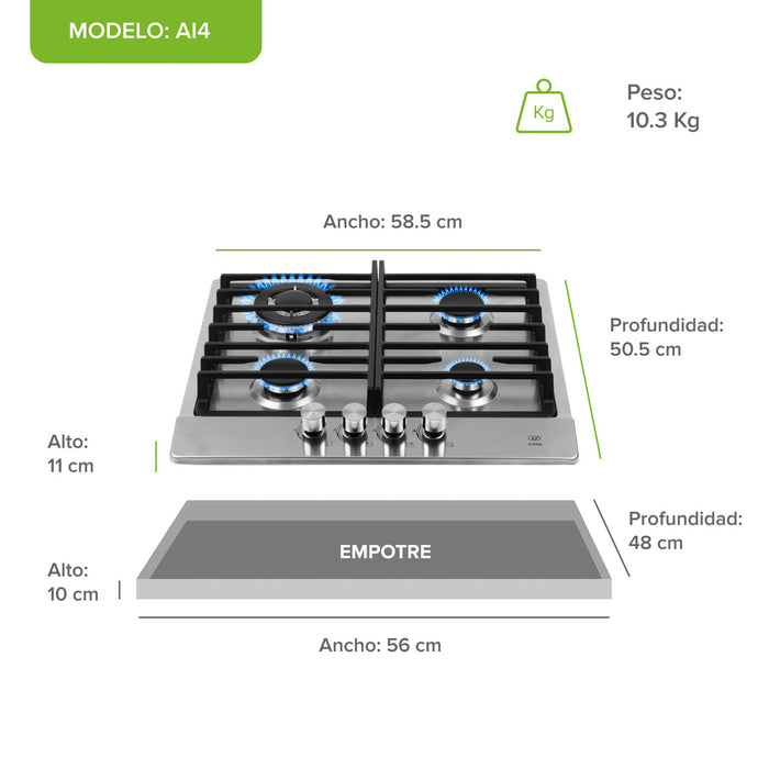 Parrilla de gas 4 quemadores 58 cm en acero inoxidable con perillas centrales