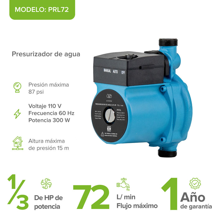 Bomba presurizadora de agua 72 Litros/Minuto 1/3 HP