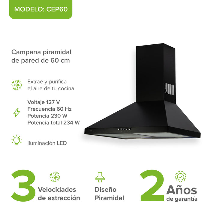Campana de cocina de pared piramidal 60 cm en acero inoxidable - negro