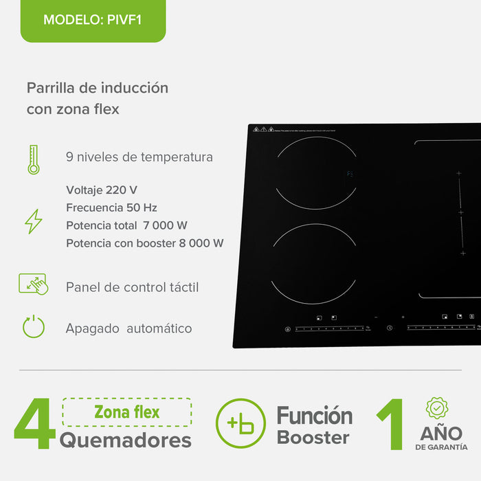 Parrilla de inducción 4 quemadores 1 zona flex 59 cm con función booster 7000 - 8000 W 220V