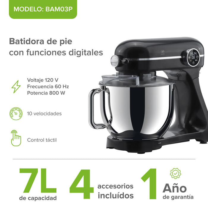Batidora de pedestal digital 7 L con 10 velocidades + 4 accesorios