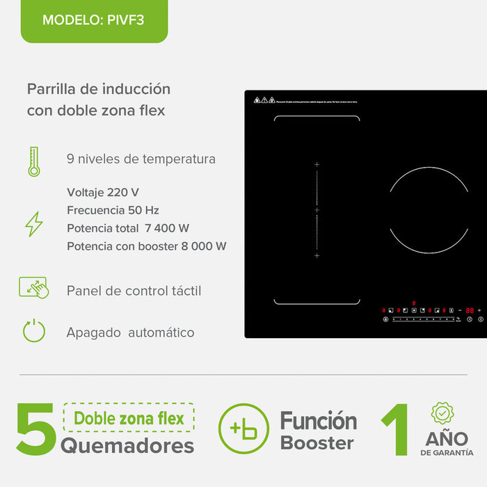 Parrilla de inducción 5 quemadores 2 zonas flex 77 cm con función booster 7400 - 8000 W 220V