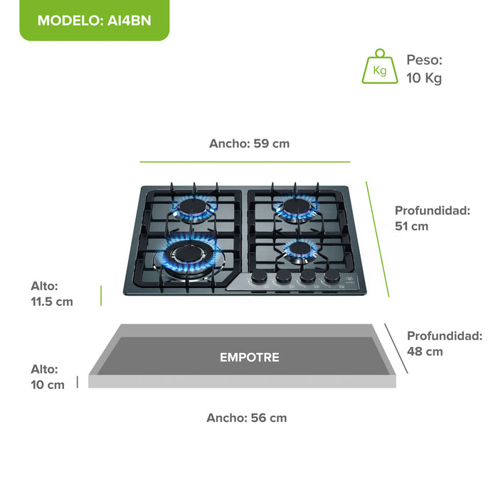 Parrilla de gas 4 quemadores 59 cm en acero inoxidable - negro