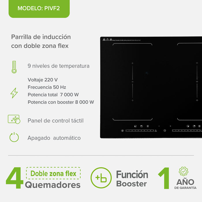 Parrilla de inducción 4 quemadores 2 zonas flex 59 cm con función booster 7000 - 8000 W 220V