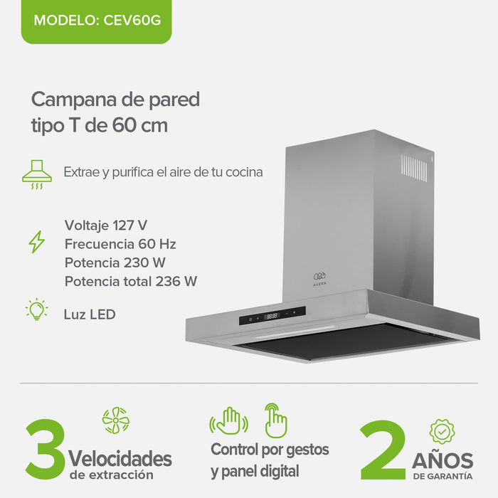 Campana de cocina de pared tipo T 60 cm acero inoxidable con tecnología sin contacto