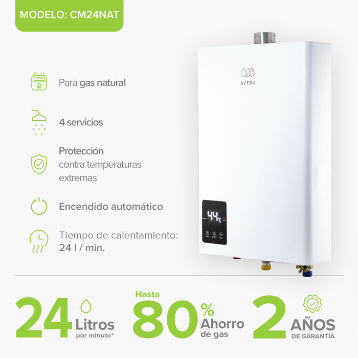 Calentador de agua instantáneo modulante para gas natural 24 Litros/Minuto, 4 Servicios