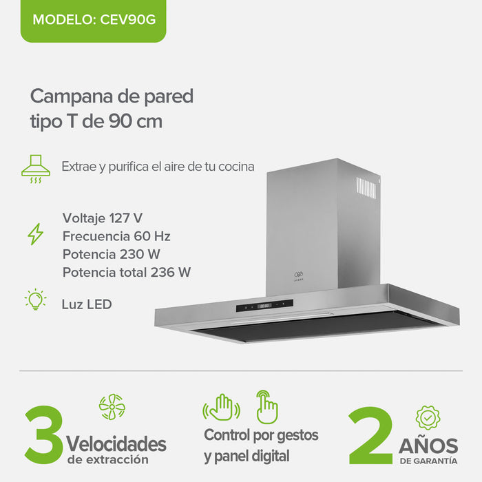 Campana de cocina de pared tipo T 90 cm acero inoxidable con tecnología sin contacto
