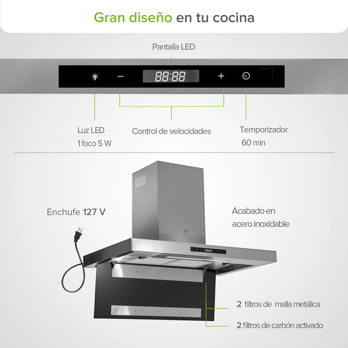 Campana de cocina de pared tipo T 90 cm acero inoxidable con tecnología sin contacto