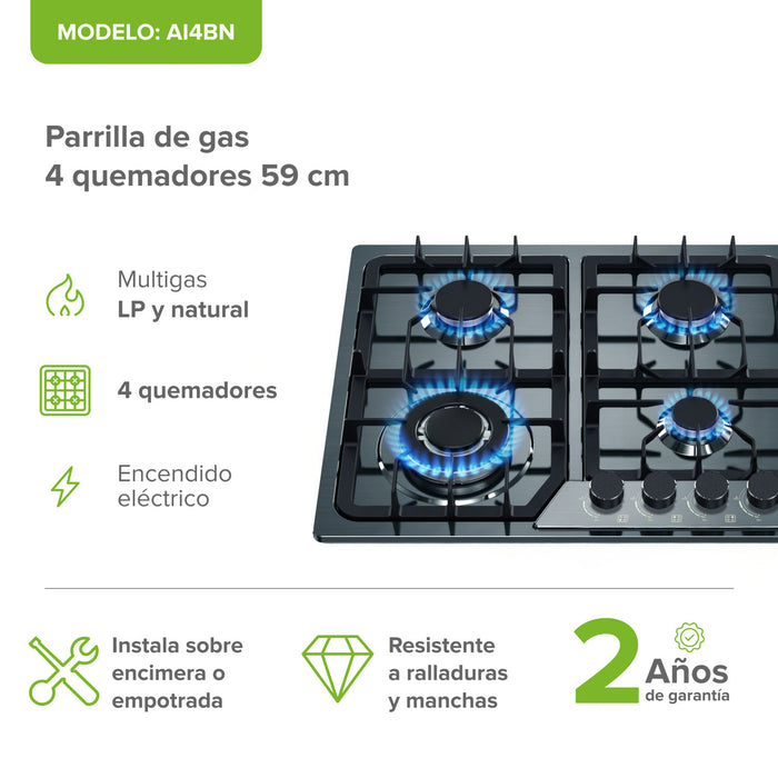 Parrilla de gas 4 quemadores 59 cm en acero inoxidable - negro