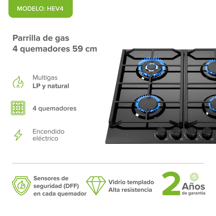 Parrilla de gas 4 quemadores 59 cm en vidrio templado premium - negro