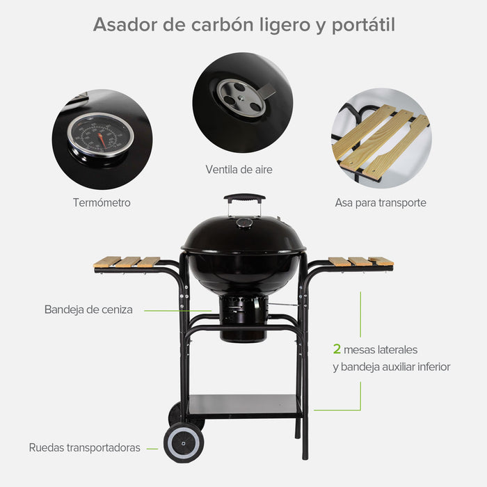 Asador de carbón de 18" 44 cm con termómetro, bandeja de cenizas y mesas laterales
