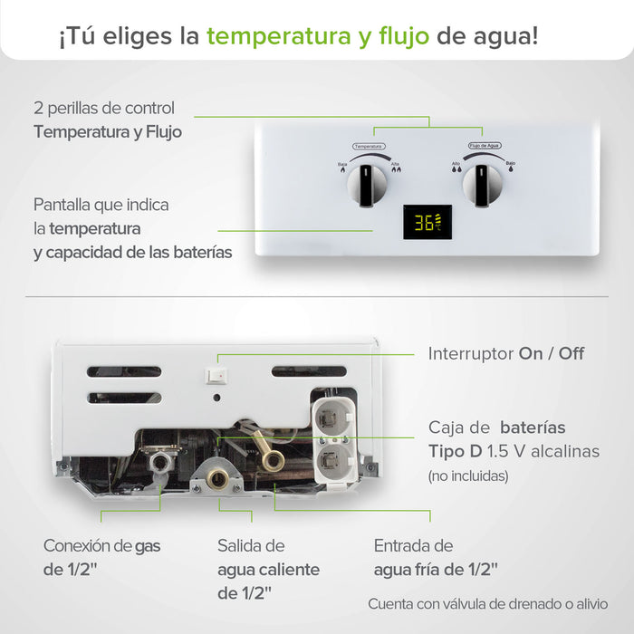 Calentador de agua instantáneo para gas LP 12 Litros/Minuto, 2.5 Servicios