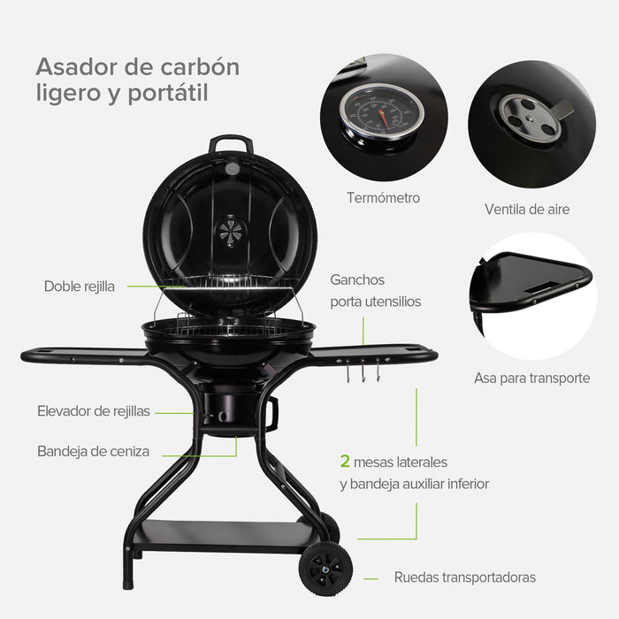 Asador de carbón de 22" 56 cm con termómetro, bandeja de cenizas y mesas laterales de acero inoxidable