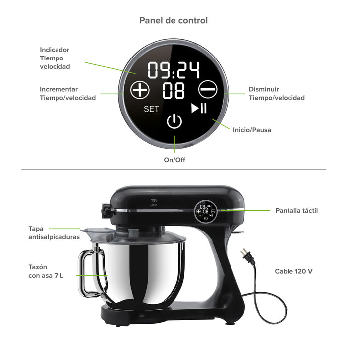 Batidora de pedestal digital 7 L con 10 velocidades + 4 accesorios