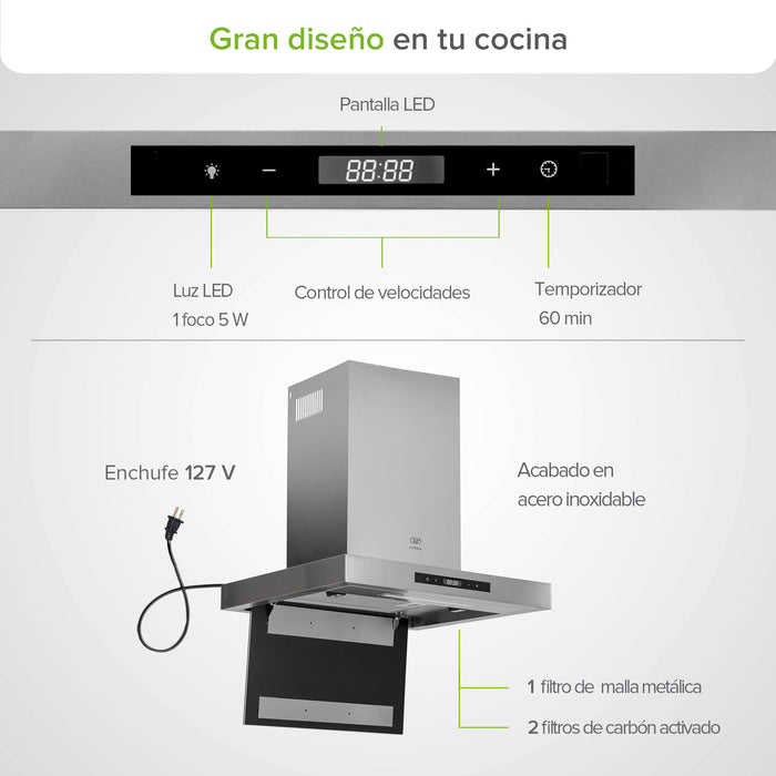 Campana de cocina de pared tipo T 60 cm acero inoxidable con tecnología sin contacto