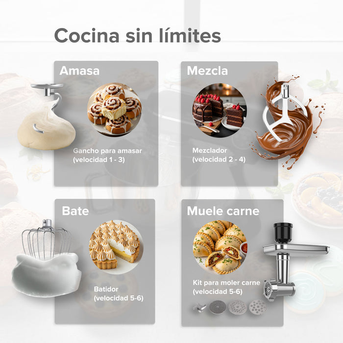 Batidora de pedestal digital 7 L con 10 velocidades + 4 accesorios