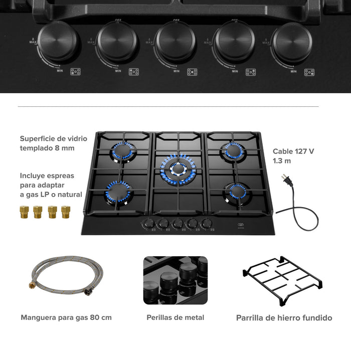 Parrilla de gas 5 quemadores 88 cm en vidrio templado premium - negro