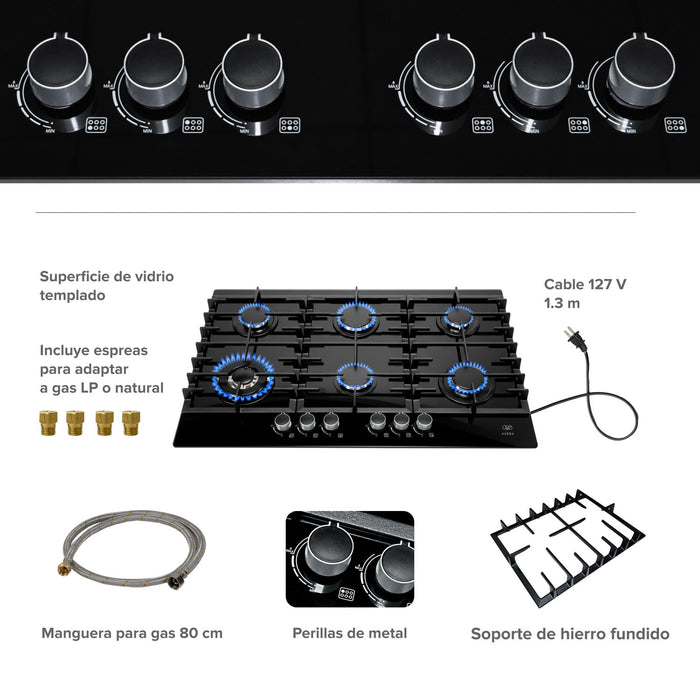 Parrilla de gas 6 quemadores 90 cm en vidrio templado premium - negro