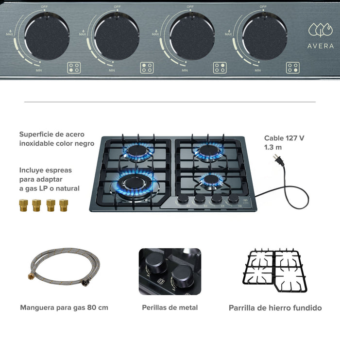 Parrilla de gas 4 quemadores 59 cm en acero inoxidable - negro