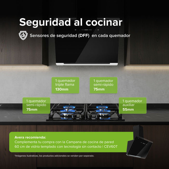 Parrilla de gas 4 quemadores 59 cm en vidrio templado premium - negro