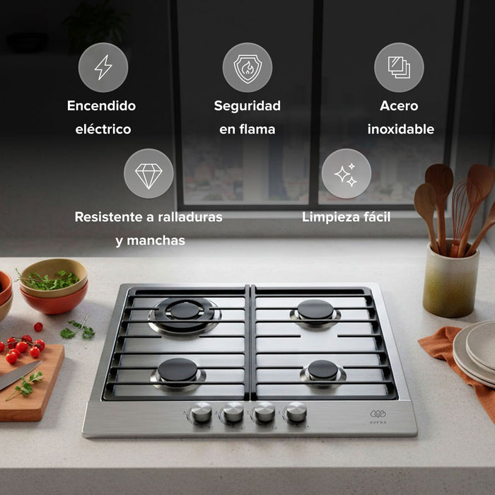Parrilla de gas 4 quemadores 58 cm en acero inoxidable con perillas centrales