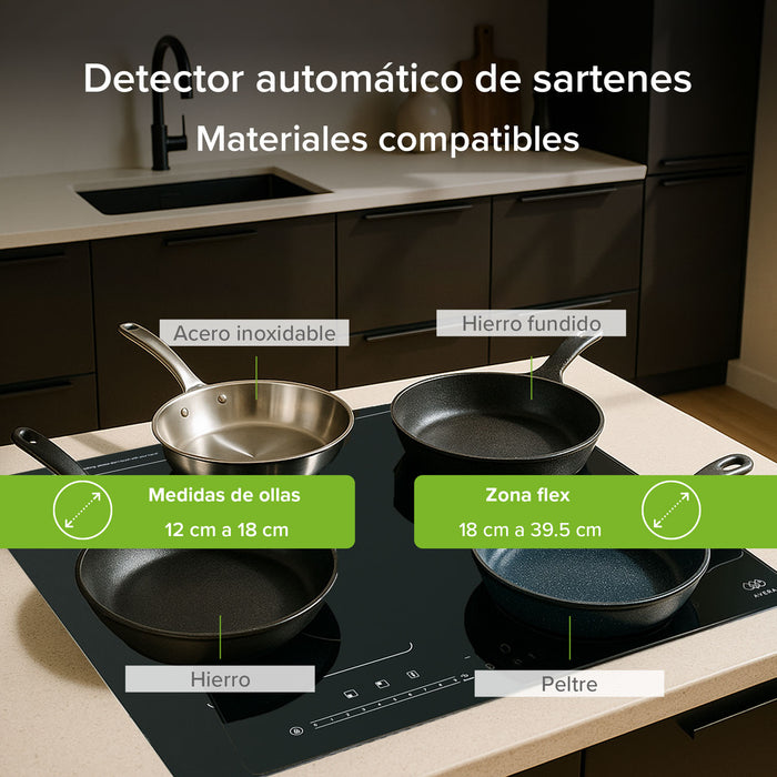 Parrilla de inducción 4 quemadores 1 zona flex 59 cm con función booster 7000 - 8000 W 220V