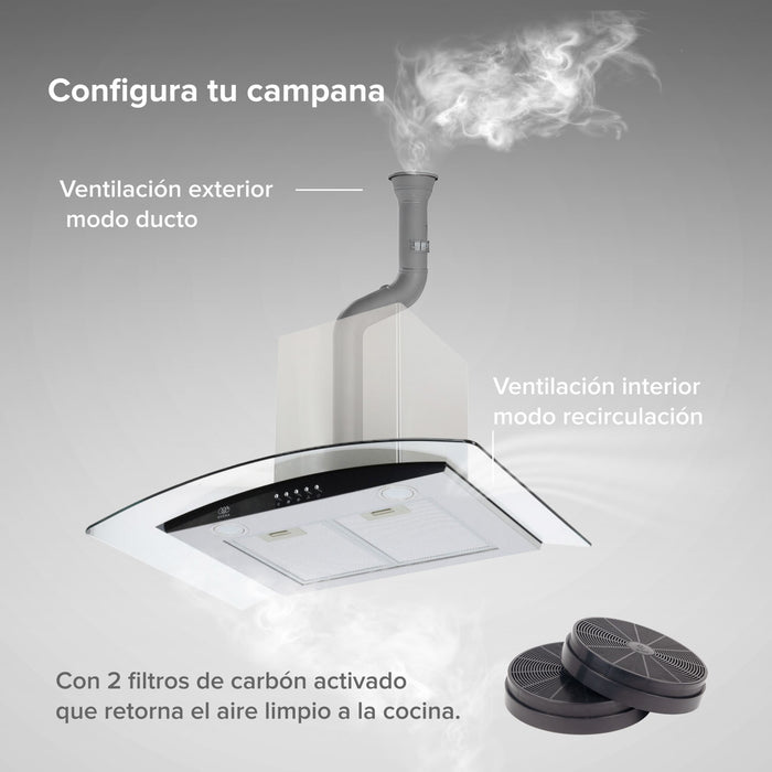 Campana de cocina de pared curva 76 cm en acero inoxidable y vidrio templado
