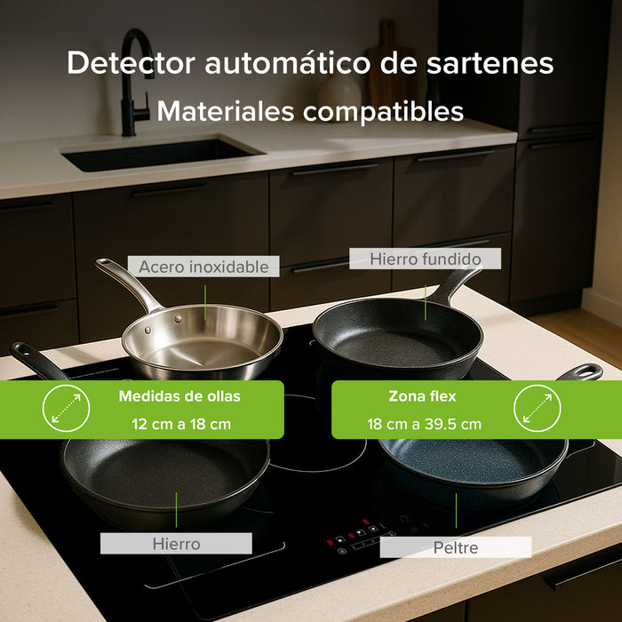 Parrilla de inducción 5 quemadores 2 zonas flex 77 cm con función booster 7400 - 8000 W 220V
