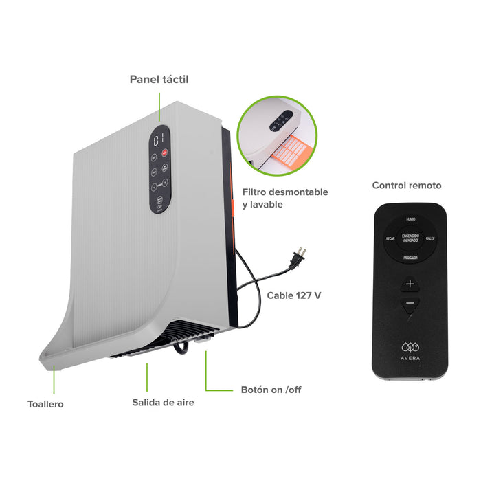 Calefactor eléctrico de pared 3 en 1 con toallero, secador y deshumidificador 15m2