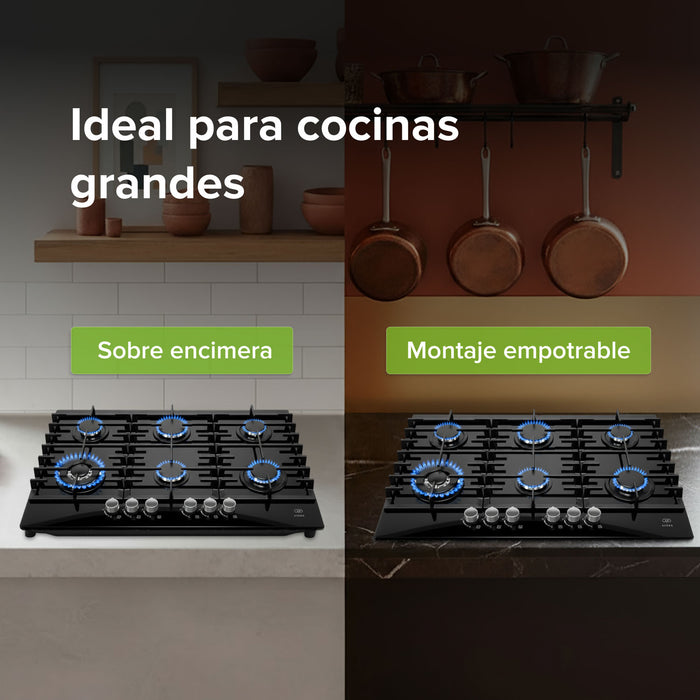 Parrilla de gas 6 quemadores 90 cm en vidrio templado premium - negro
