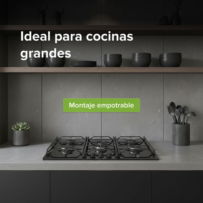 Parrilla de gas 5 quemadores 88 cm en vidrio templado premium - negro
