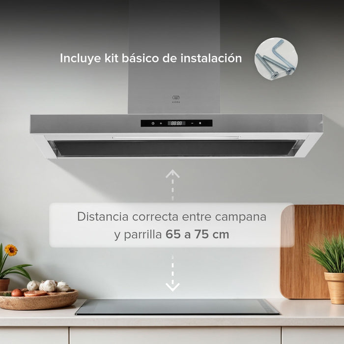 Campana de cocina de pared tipo T 90 cm acero inoxidable con tecnología sin contacto