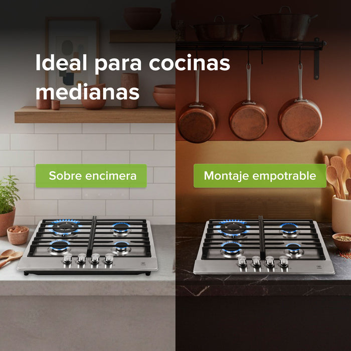 Parrilla de gas 4 quemadores 58 cm en acero inoxidable con perillas centrales