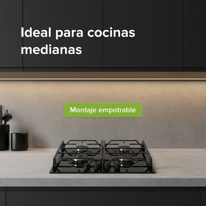 Parrilla de gas 4 quemadores 59 cm en vidrio templado premium - negro
