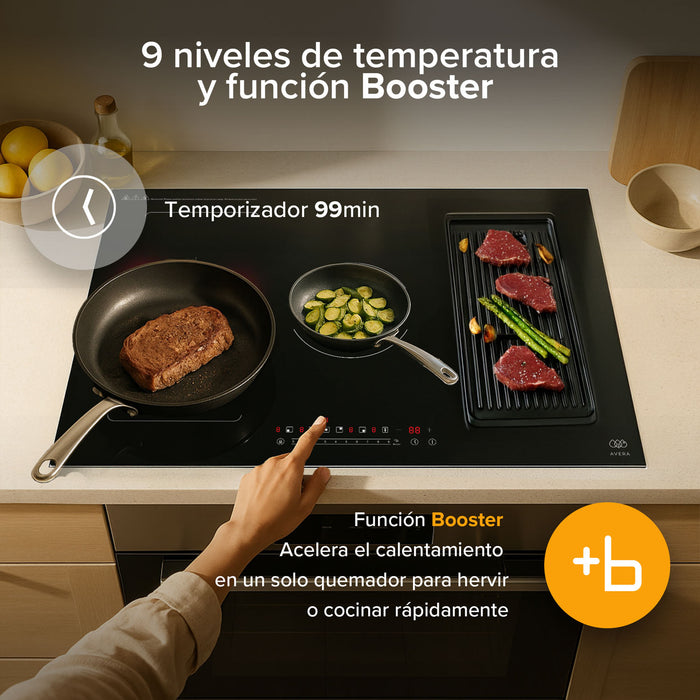 Parrilla de inducción 5 quemadores 2 zonas flex 77 cm con función booster 7400 - 8000 W 220V