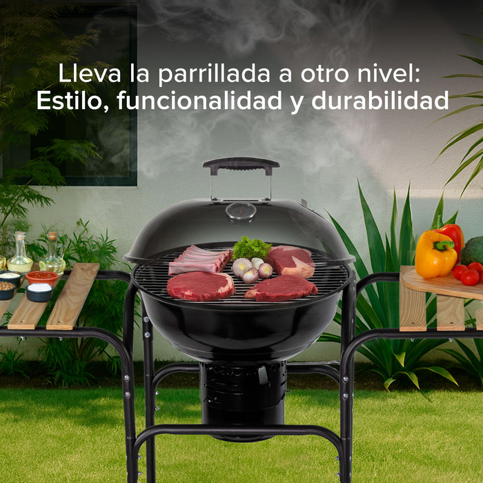 Asador de carbón de 18" 44 cm con termómetro, bandeja de cenizas y mesas laterales