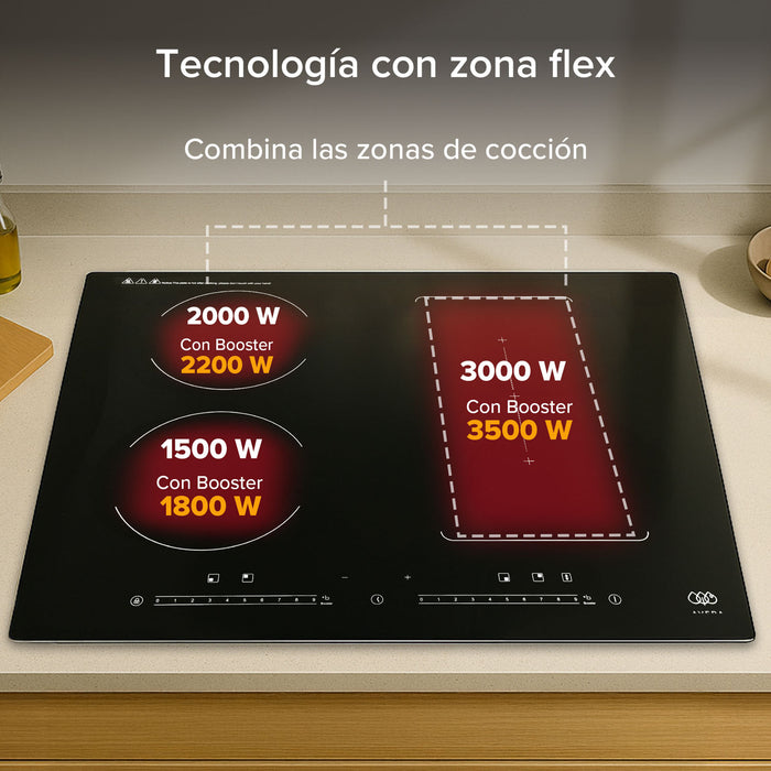 Parrilla de inducción 4 quemadores 1 zona flex 59 cm con función booster 7000 - 8000 W 220V