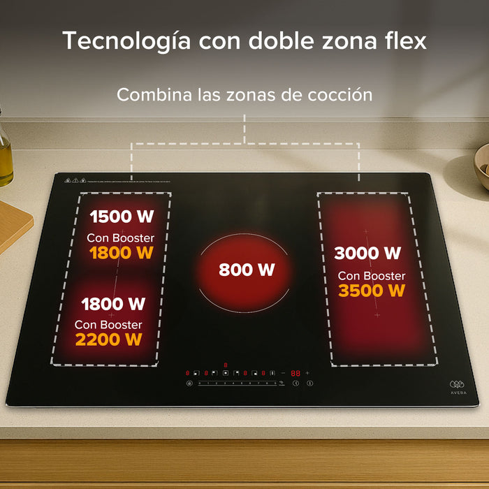 Parrilla de inducción 5 quemadores 2 zonas flex 77 cm con función booster 7400 - 8000 W 220V