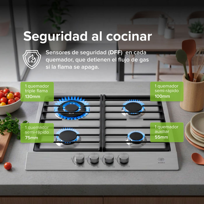 Parrilla de gas 4 quemadores 58 cm en acero inoxidable con perillas centrales