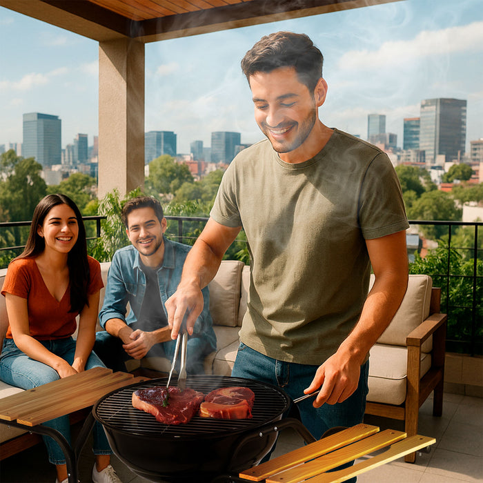 Asador de carbón de 18" 44 cm con termómetro, bandeja de cenizas y mesas laterales