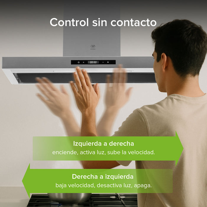 Campana de cocina de pared tipo T 90 cm acero inoxidable con tecnología sin contacto