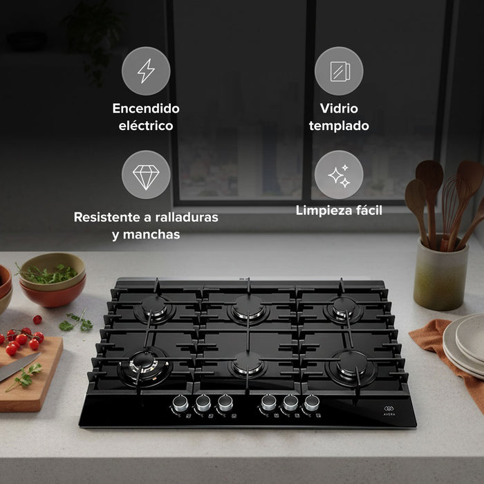 Parrilla de gas 6 quemadores 90 cm en vidrio templado premium - negro