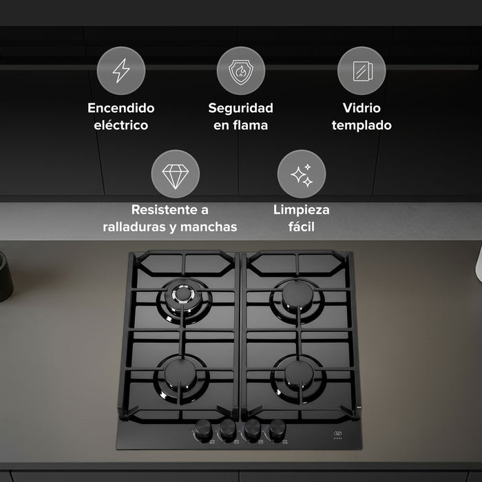 Parrilla de gas 4 quemadores 59 cm en vidrio templado premium - negro