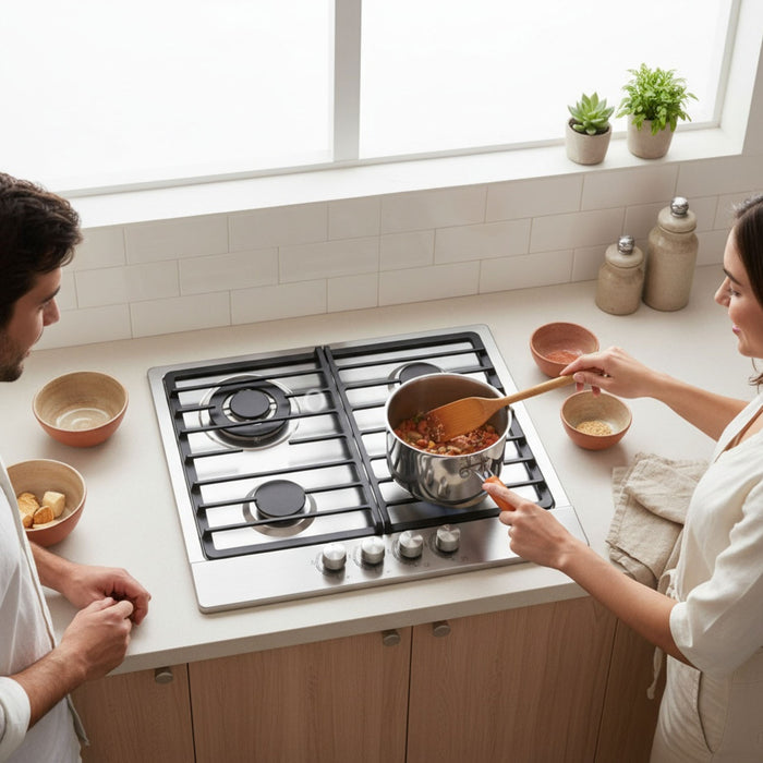 Parrilla de gas 4 quemadores 58 cm en acero inoxidable con perillas centrales