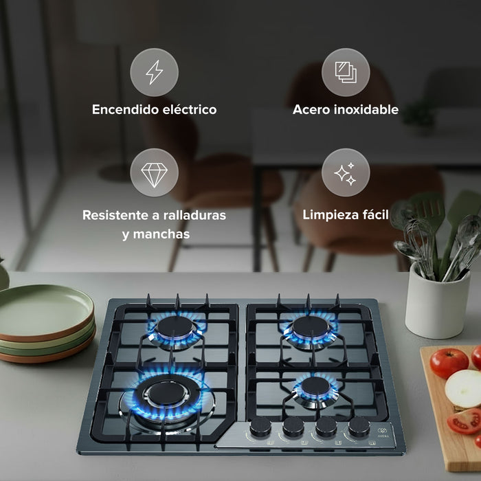 Parrilla de gas 4 quemadores 59 cm en acero inoxidable - negro