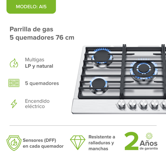 Parrilla de gas 5 quemadores 76 cm en acero inoxidable y quemador central