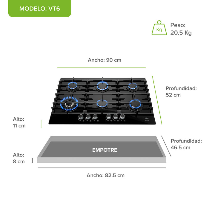 Parrilla de gas 6 quemadores 90 cm en vidrio templado premium - negro