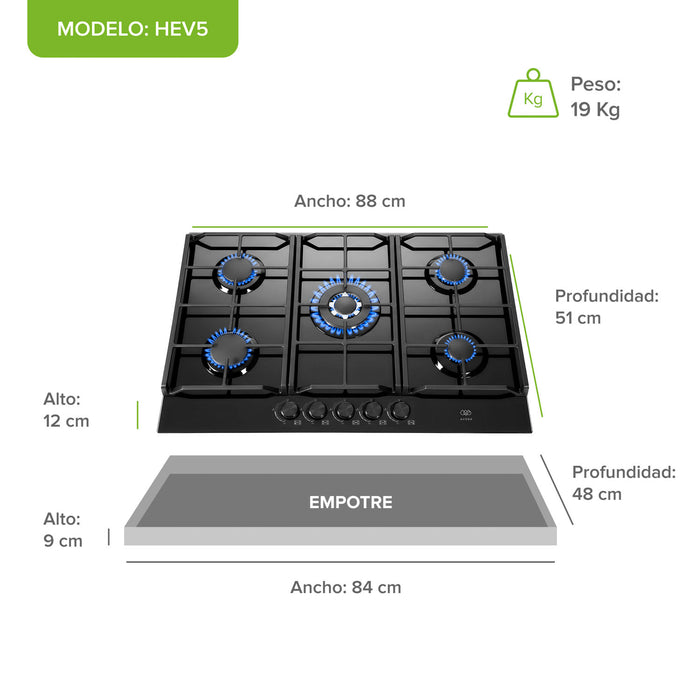 Parrilla de gas 5 quemadores 88 cm en vidrio templado premium - negro